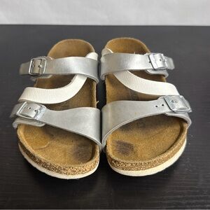 Birkenstock Slide Sandals Silver & White Leather Buckle Little Kids 10 28 Narrow